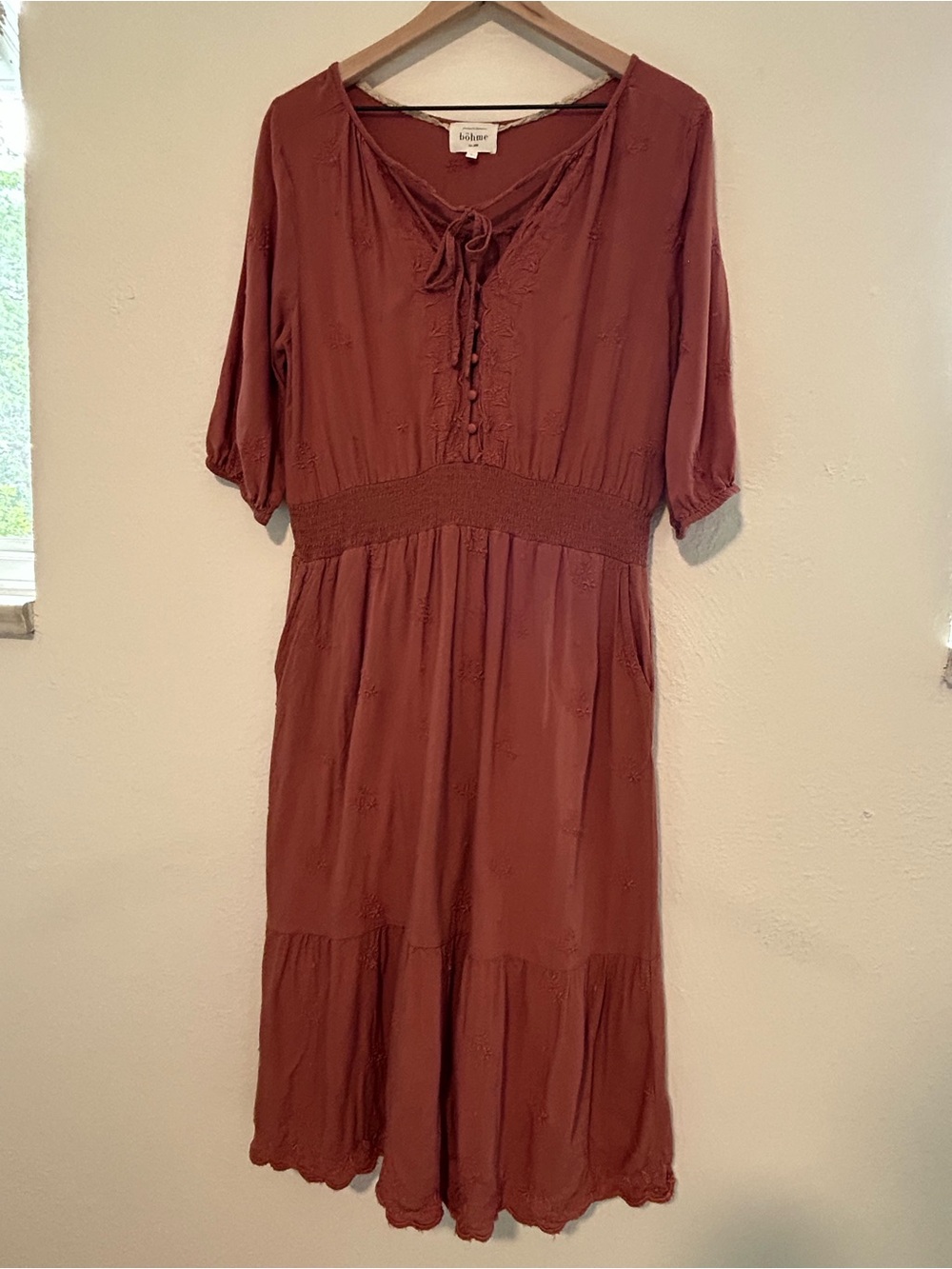 Böhme Embroidered Boho Dress Floral Smocked Waist Tiered Rust Boho Cottagecore